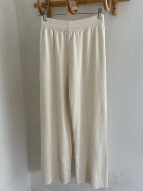 Cream wide leg knit pants elastic waistband academia quiet luxury minimalist